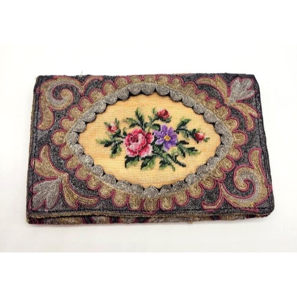 Rare Antique French Petit Point Embroidered Tapestry 19th Clutch Wallet Bag HTF - Picture 1 of 13